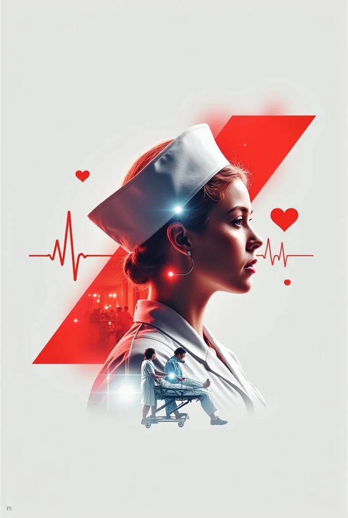 A cinematic poster of a healthcare worker wearing a Nurse and nurse cap, with a double exposure effect showing scenes of medical care and human compassion. The background features an abstract heartbeat line glowing in blue, connecting various moments: a nurses mens, and nurses womansr performing surgery, a patient being comforted, and medical staff rushing with a stretcher in a hospital hallway. The composition is dramatic and emotional, with cool tones of blue and white dominating the scene, creating a professional yet heartfelt atmosphere"