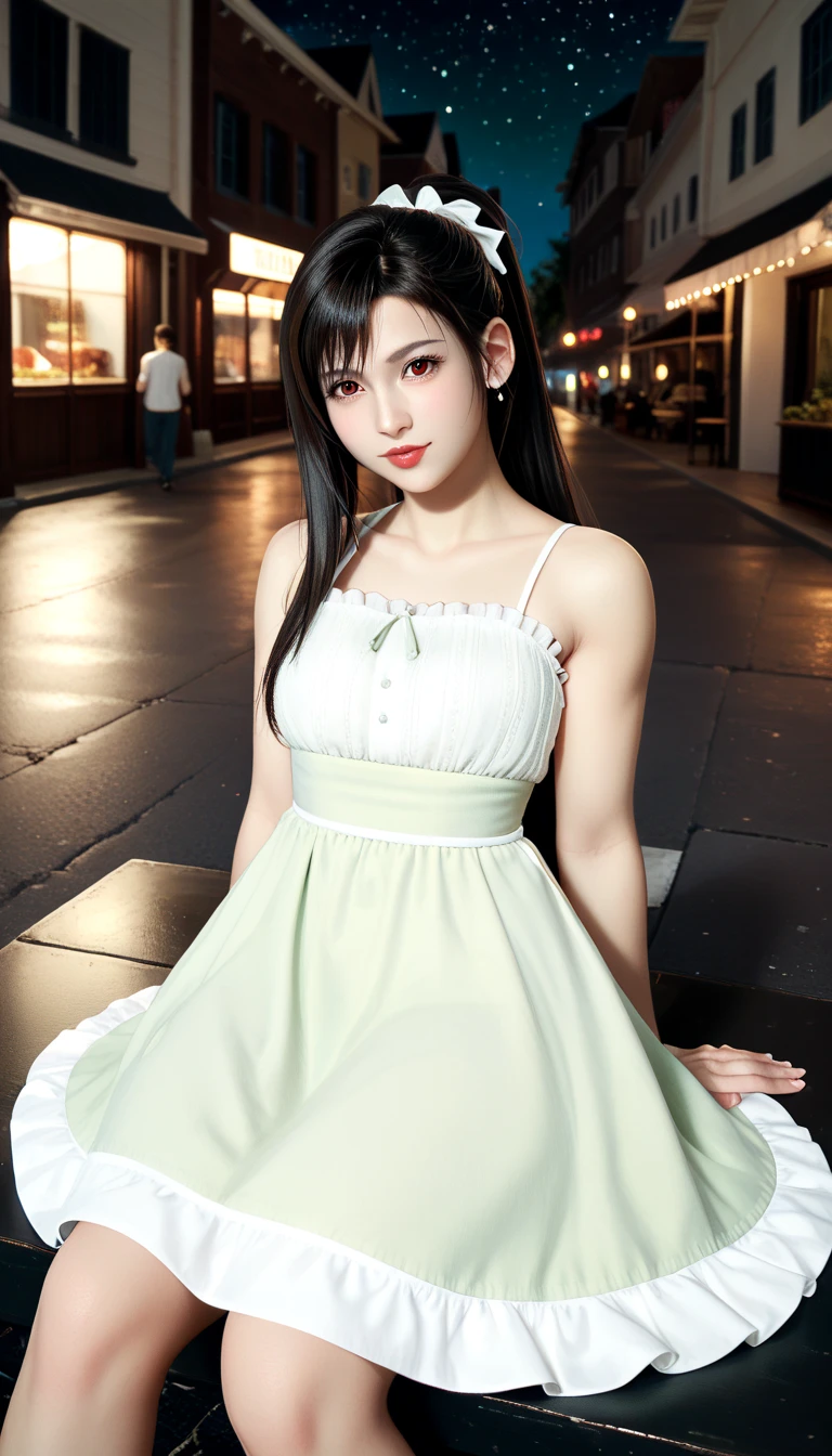  Tifa Lockhart , mksks style, ( Very Detailed Background :1.0), (  very detailed background:1.0),  Final Fantasy VII Remake , ( red eyes),  One girl , Bare shoulders, Princess Dress,  black hair, Green Dress,  sleeveless  dress ,  sundress, Home,  long hair,  knight ,  knight null,  open mouse,  outdoors on the street at night,  ponytail,  sitting, null,  sleeveless ,  sleeveless  dress, star (null), starry null, town,  make you look younger,  small breasts, ((White frills)), (white dress),