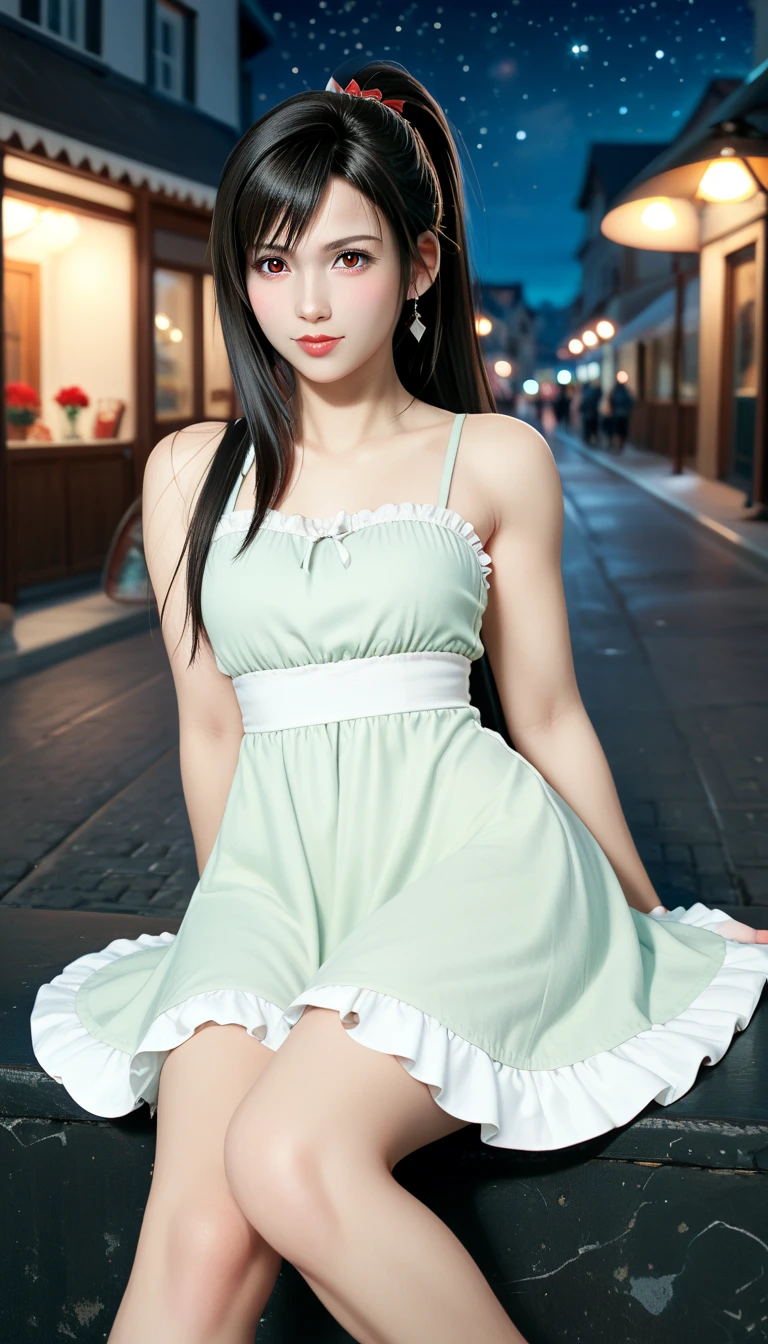  Tifa Lockhart , mksks style, ( Very Detailed Background :1.0), (  very detailed background:1.0),  Final Fantasy VII Remake , ( red eyes),  One girl , Bare shoulders, Princess Dress,  black hair, Green Dress,  sleeveless  dress ,  sundress, Home,  long hair,  knight ,  knight null,  open mouse,  outdoors on the street at night,  ponytail,  sitting, null,  sleeveless ,  sleeveless  dress, star (null), starry null, town,  make you look younger,  small breasts, ((White frills)), (white dress),