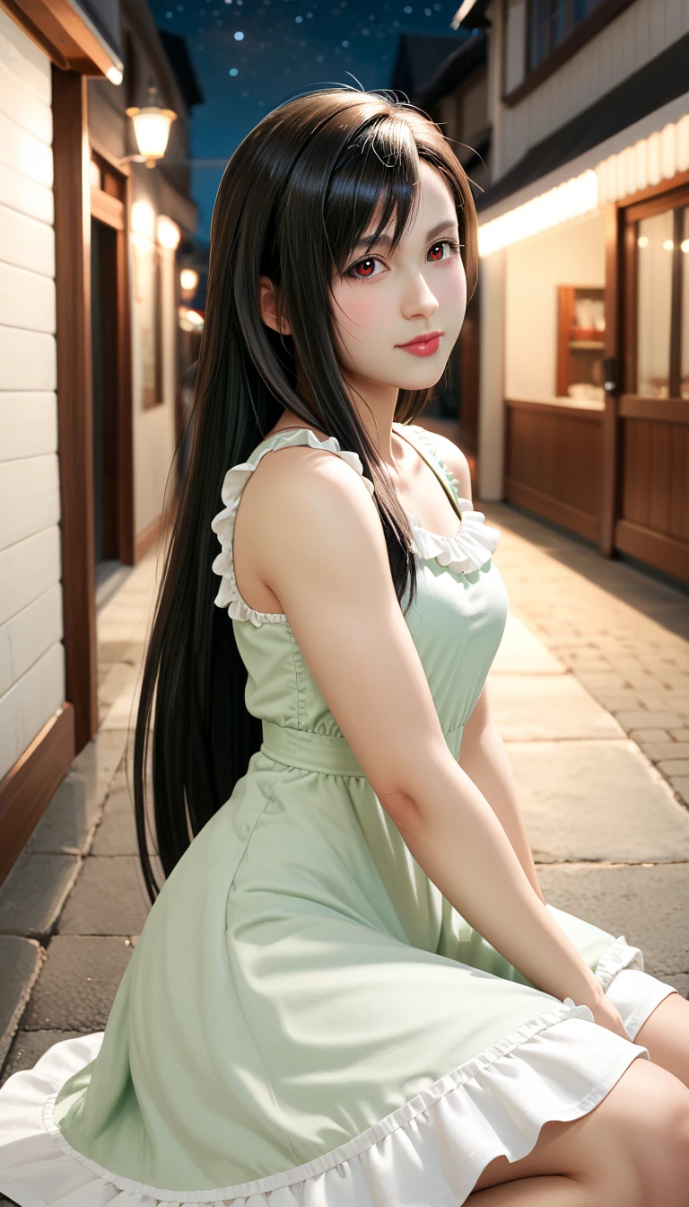  Tifa Lockhart , mksks style, ( Very Detailed Background :1.0), (  very detailed background:1.0),  Final Fantasy VII Remake , ( red eyes),  One girl , Bare shoulders, Princess Dress,  black hair, Green Dress,  sleeveless  dress ,  sundress, Home,  long hair,  knight ,  knight null,  open mouse,  outdoors on the street at night,  ponytail,  sitting, null,  sleeveless ,  sleeveless  dress, star (null), starry null, town,  make you look younger,  small breasts, ((White frills)), (white dress),