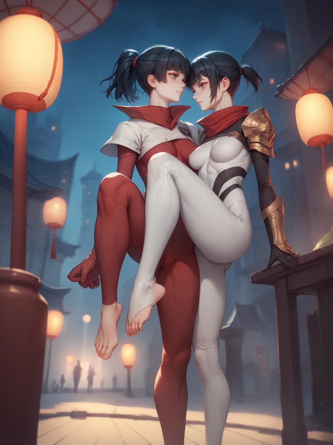 A Japanese villain with black hair, short white bangs, sensual, seductive, sexually suggestive ponytail, standing with one leg bent, feet resting on the other leg, arms at the sides seen from the side, wears a white bodysuit with kung ful symbols , she is using a Shuriken, city, night, terrace