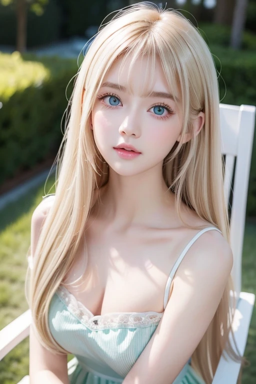 Very white、 very beautiful in a chair 、Beautiful girls of the world、 very beautiful in a chair きれいな顔をした女の子、beautiful beautiful blonde hair、 Half body shot of an extraordinary beautiful girl 、Eye-blocking bangs 、Beautiful long bangs、Beautiful bangs between the eyes、 striped hair、Round face、 very bright very bright pale mint green eyes、 super long straight silky hair 、 very beautiful bright very bright iris 、 big eyes、Pure white and beautiful skin、 the luster of young cheeks 、 pink dress、The beauty of a small face、Round face、 Big Breasts 