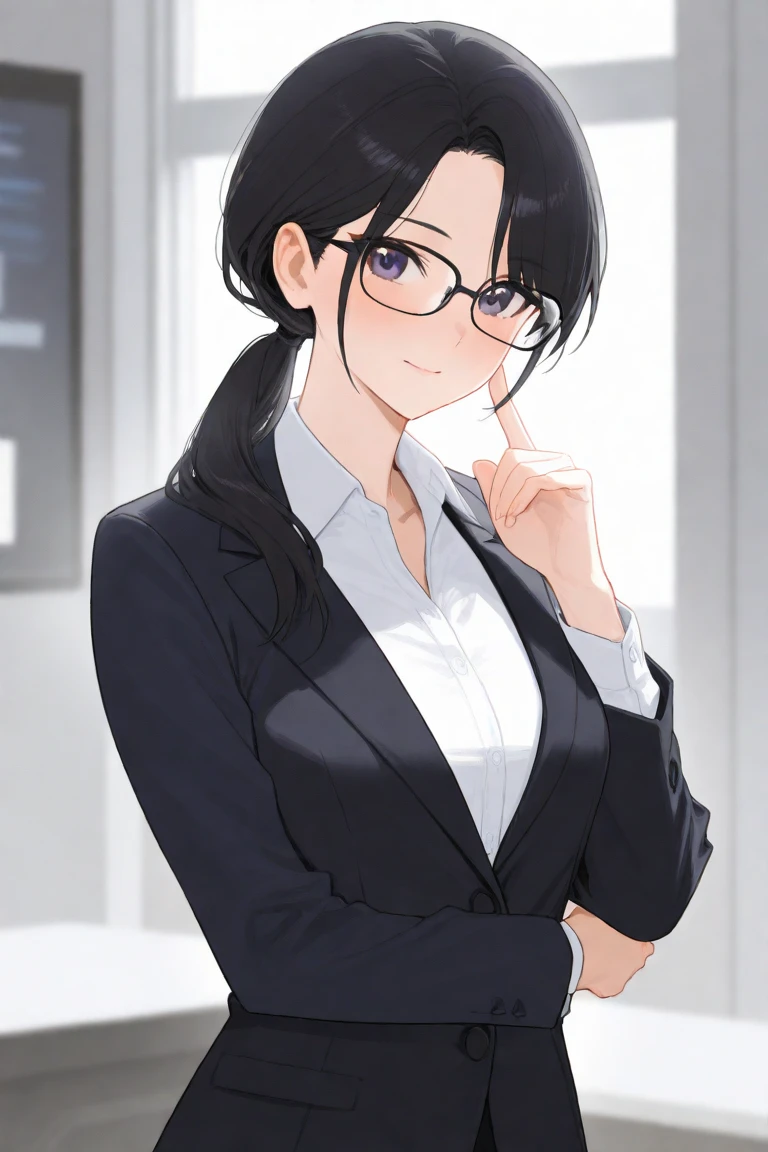 A young woman with glossy black hair styled in a loose, low ponytail. She has a gentle and approachable expression, wearing black-rimmed glasses. Her outfit consists of a sleek blazer and a neatly buttoned blouse, exuding a professional secretary look. The setting is a modern and elegant CEO's office, with large windows, minimalistic furniture, and soft natural lighting. The overall color palette is warm and sophisticated, highlighting her professionalism and approachable nature