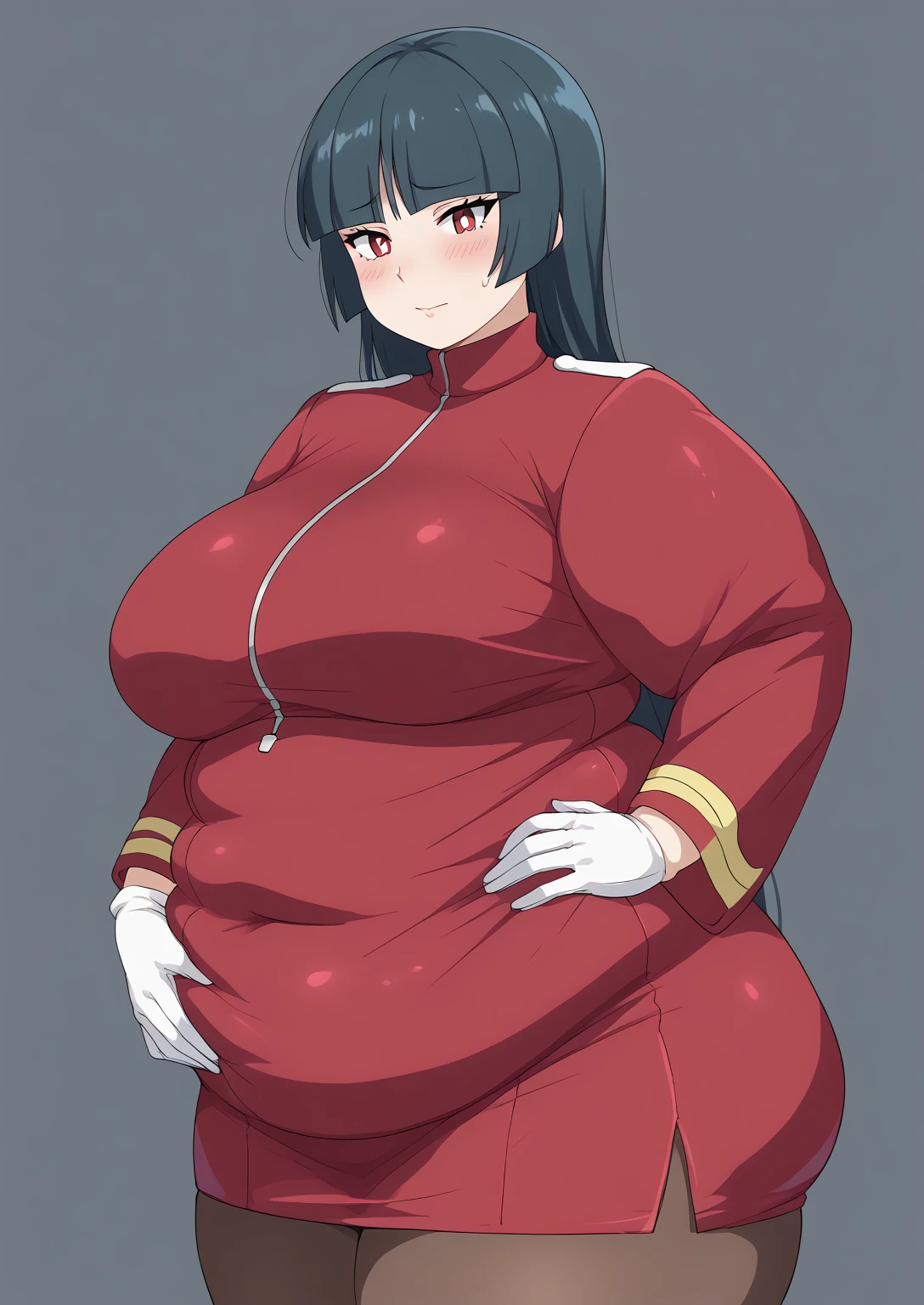 Jujube ( Pokémon), sabrina (pokemon), Black Hair,  long hair, bangs, blunt bangs,  red eyes, hime cut, side lock, white pupils,amaranth spencer jacket, covered navel ,  belly that doesn't fit in the skirt , crop top, black undershirt under jacket, latex costume, turtleneck,  side slits,  white gloves,  Long Sleeve ,  pantyhose, tight skirt,mini skirt, amaranth skirt, score_9,   score_8_ up,   score_7_ up,   score_6_ up,   score_5_ up,   score_4_ up,     masterpiece   ,   top quality,     very aesthetic  ,    absurd,    Source_Anime, Anime screencap,    one woman , Alone,   personal   ,  Super huge breasts, (((S uper huge クレビス, Super huge , Super huge boob))), Curvy,   in her 20s,  Mature Woman,   obese , ,  troubled expression, ssbbw,  embarrassed expression,  