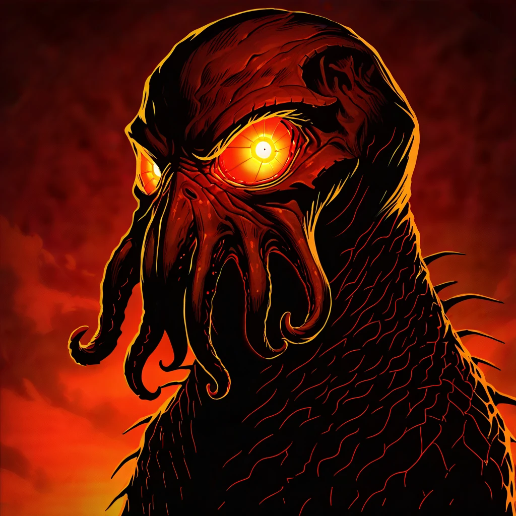 (masterpiece), best quality, solo, no humans, Cthulhu zombie with pale-green brown and red color palette with background

