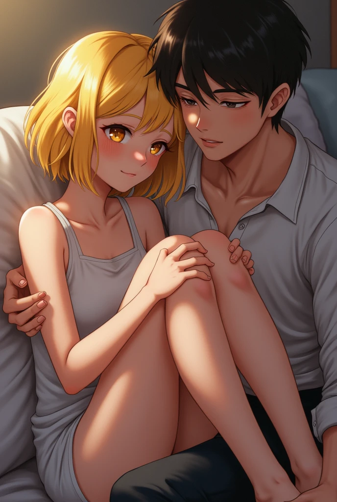in bedroom, 1boy and 1girl, looking at viewer, couple sitting, love atmosphere, lingerie, blush,