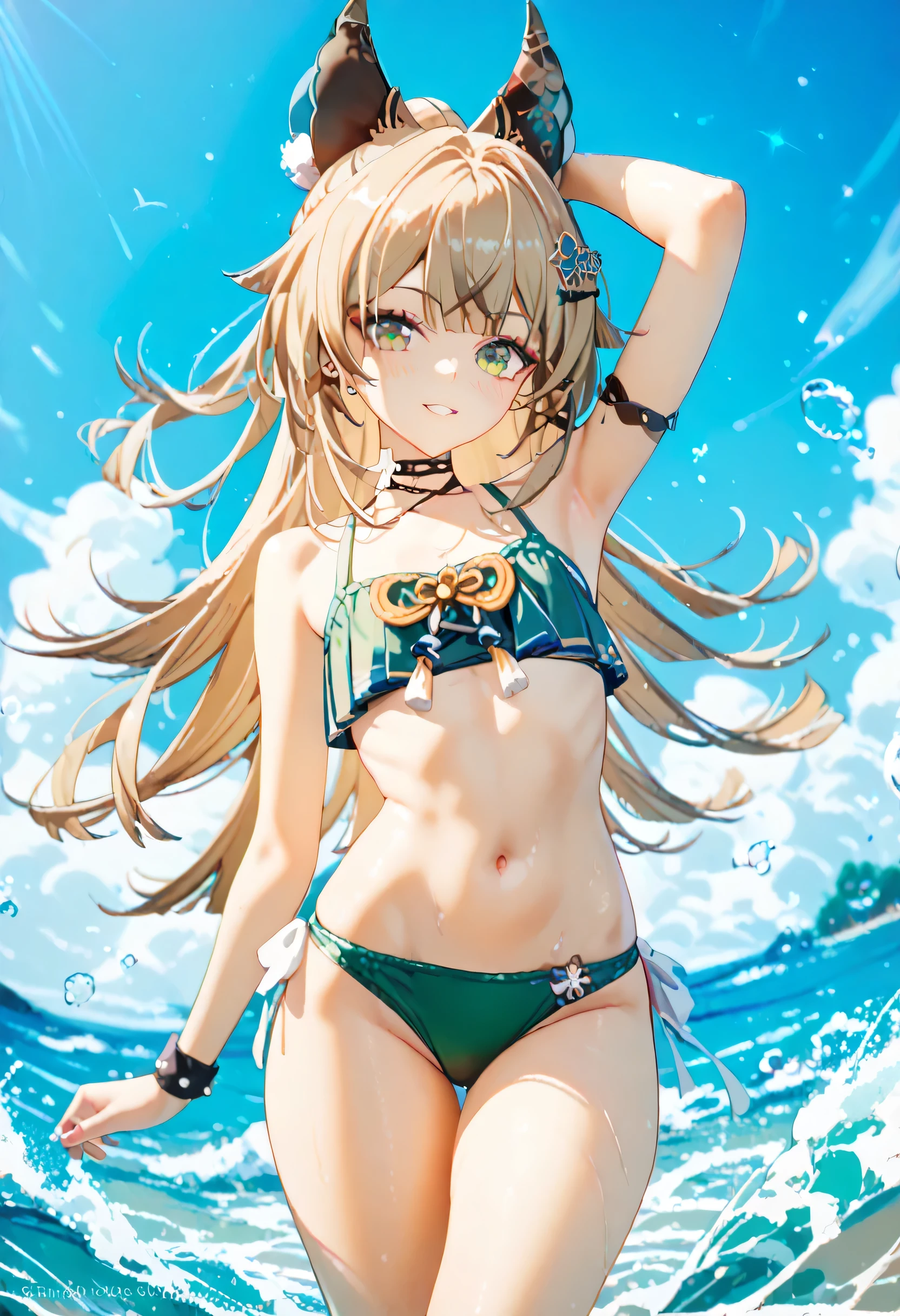 ((Masterpiece, Highest quality)), Anime Coloring、16K、Ultra fine、(Focus on women), (whole body), Clear smile, Open your mouth, ((Bandeau bikini)), Are standing,((Lazy river)),Cross your arms , Dynamic Angle、blush、Leaning forward、((Ride on a floating ring))、swimming goggles