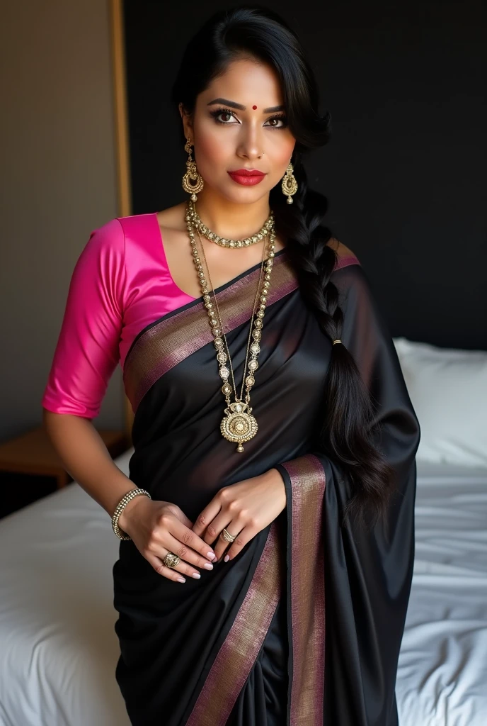 Hot indian with 36-36-34 figure front view, , black saree with pink