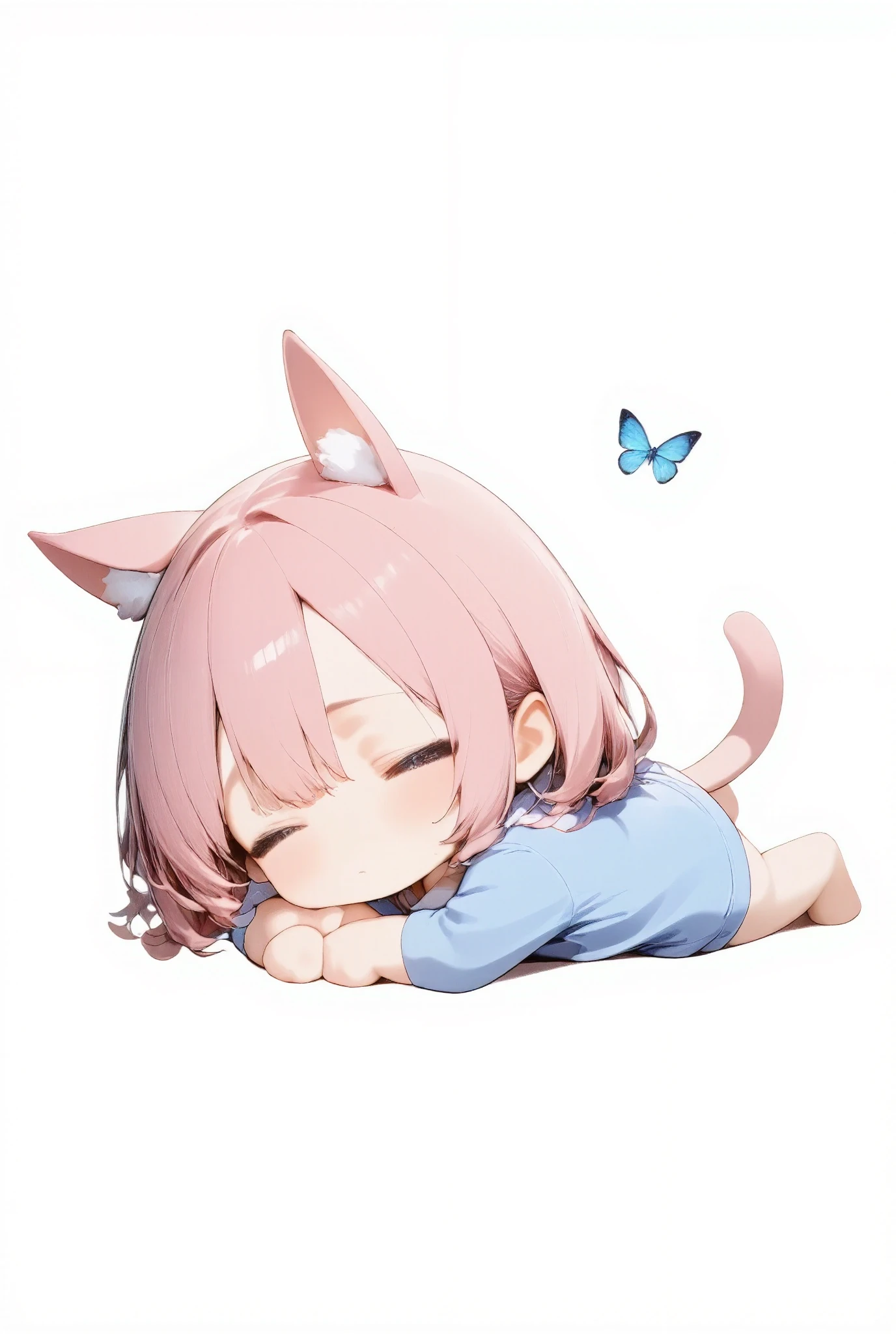 illustration, best quality, chibi, back view, 1girl,trk, pink hair, cat ears, cat tail, lying down, looking at blue butterfly, white background, cute and playful atmosphere, paw-like feet, simple composition, soft colors, gentle and relaxing scene, subtle shading