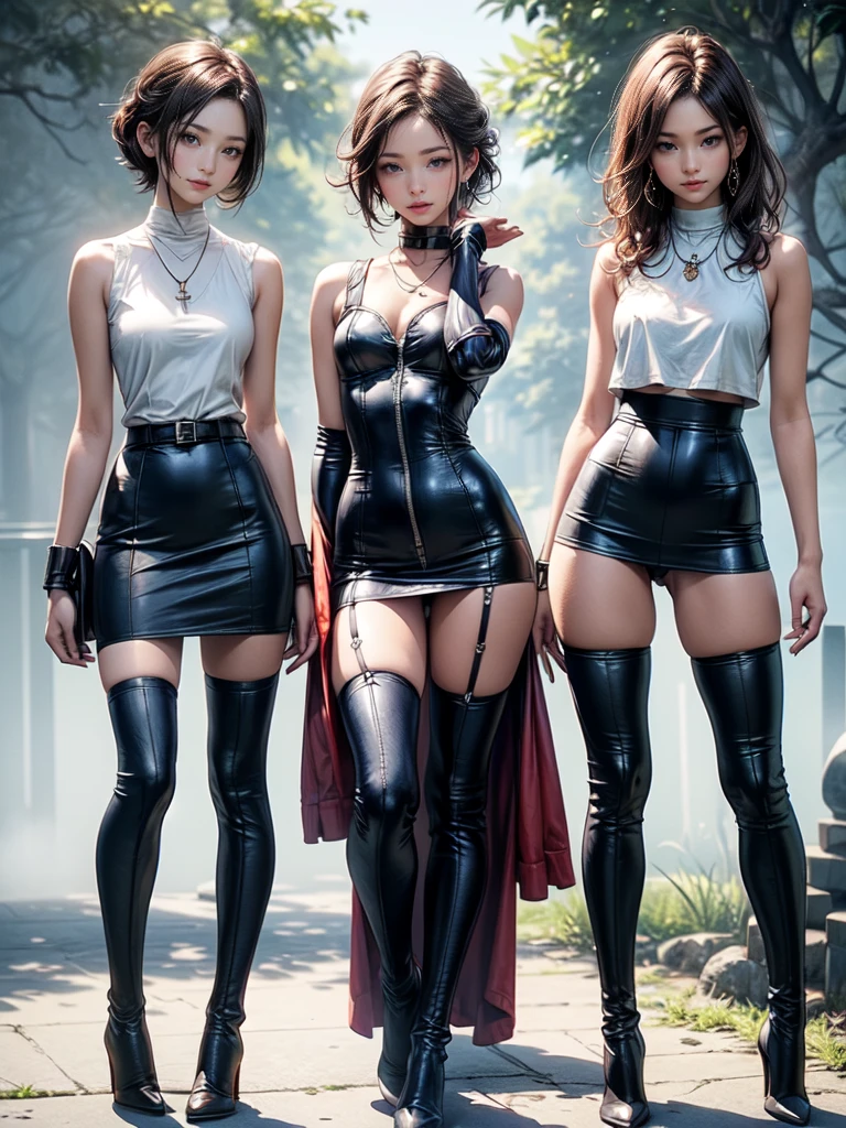 A model of full body 3d avatar of a 3 beautiful woman wearing 3 different outfits and shoes techno. Anime, best quality