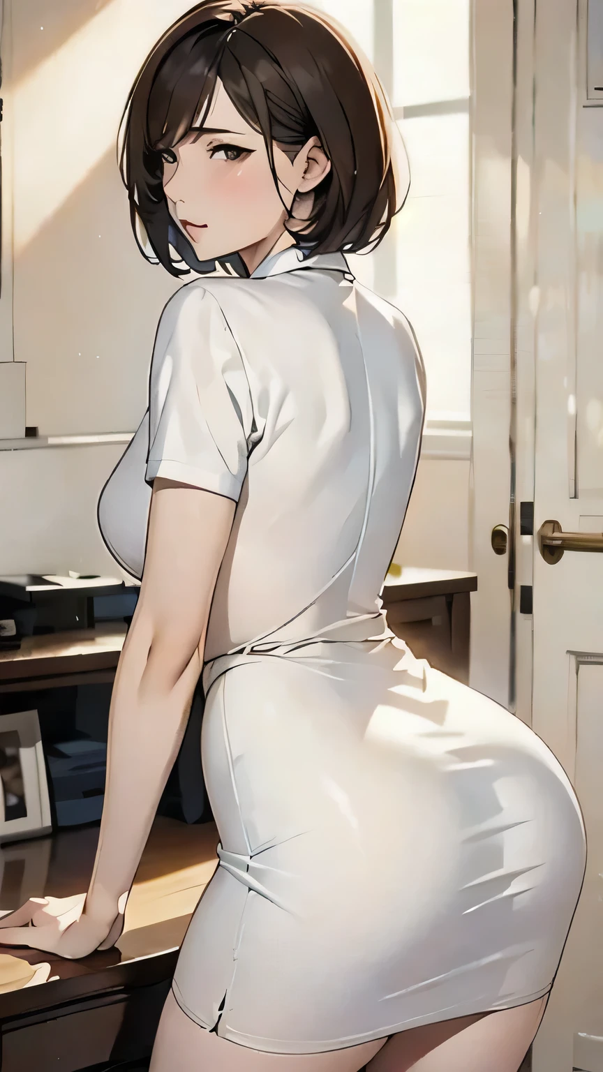 From the rear, 、 white skin、Long beautiful legs、 Shorthair、 business suit、 tight skirt 、(masterpiece,  top quality :1.2),blush、 Half Open Eyes 、 Bodysuit 