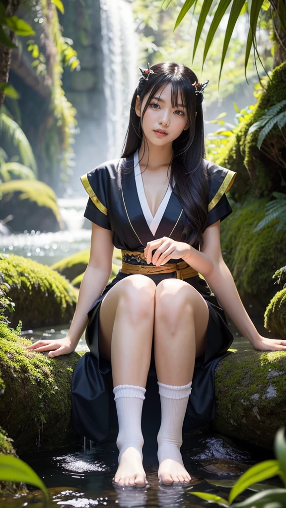 A young girl sitting in the forest wearing Yi costumes