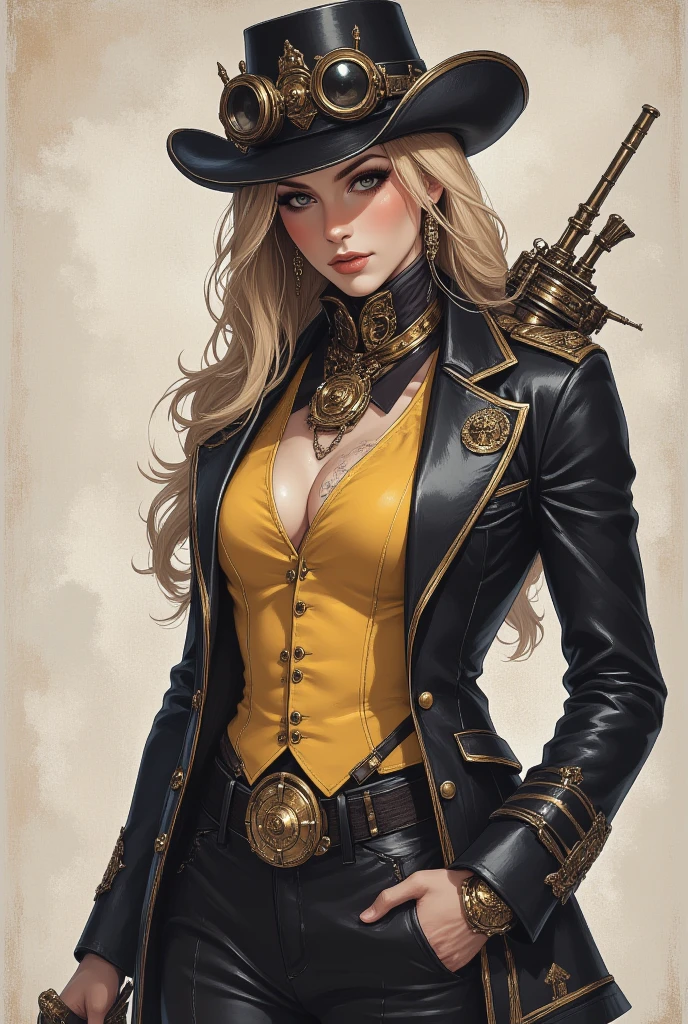 Sting,Full Body,(Complex Details), 30 years old, Mature Beautiful Girl,Small,Perfect Face, Makeup:1.5, Light on Face, Facial Details, Long Hair,Dark Brown Hair,Straight Hair,Steampunk,Leather Bustier,Leather Shorts,Top Hat,Black Cloak,Black Long Boots,Um Home Defense, Conceptual Art, Realism, Godley, motion picture lighting, multiview, Canon, UHD, high-detail, high-quality, HD, 16k