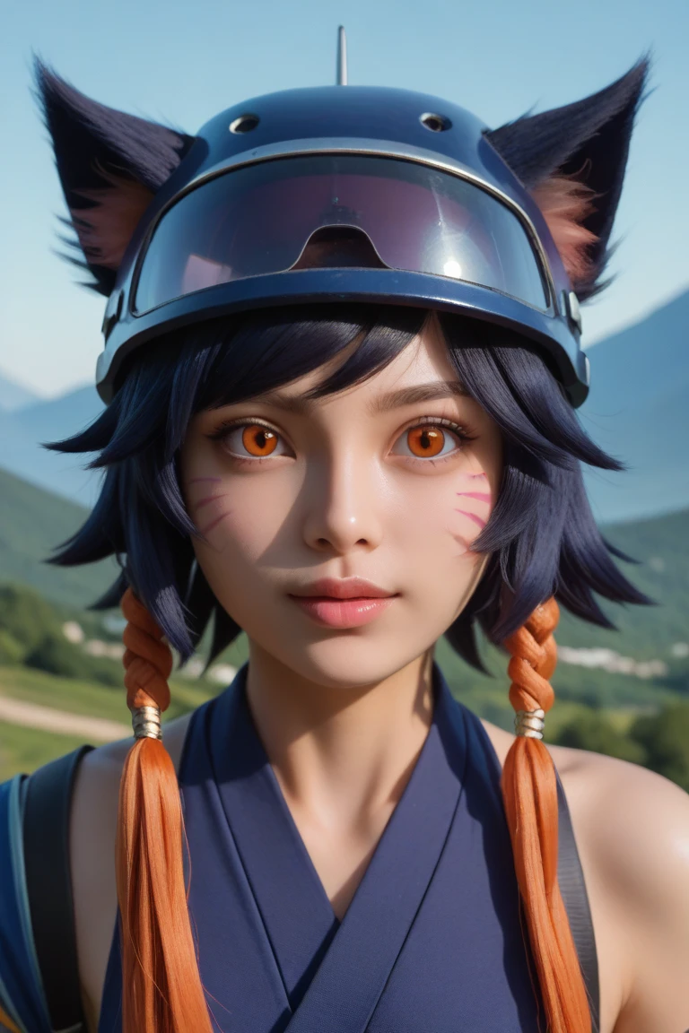 A close-up of a woman with a sword and a helmet, inspired by Li Mei-shu, Ahri, Full Taliyah, Portrait of Ahri, bian lian, inspired by Ju Lian, Taliyah juvenile, It&#39;s Ling, Artgerm flat, Detailed Artgerm, Akali, inspired by Lan Ying, Orianna, Artgerm. High detail, orange eyes, orange iris, cat pupil, defined orange eyes,  orange-eyed , mountainous background, mountains in the background, mountains nature. green nature background