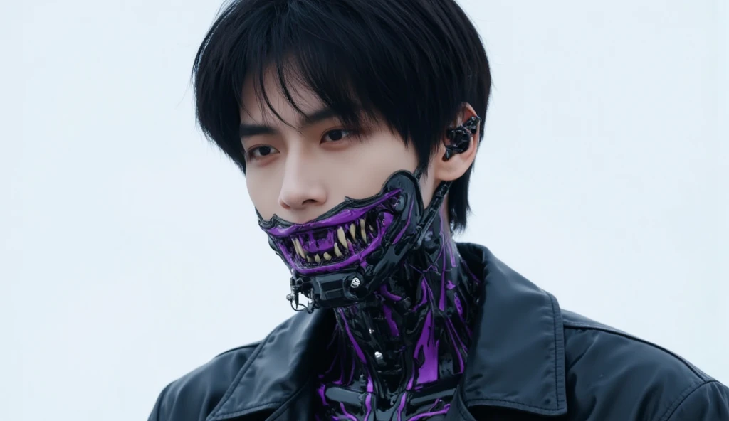 a handsome Korean man, handsome Kpop idol, smiling scary with a robot mouth full of monster fangs, and his whole body made from a cyborg robot machine with very detailed complexity mixed with black and purple with purple futuristic lines, like being in a place what is empty is nothing but white