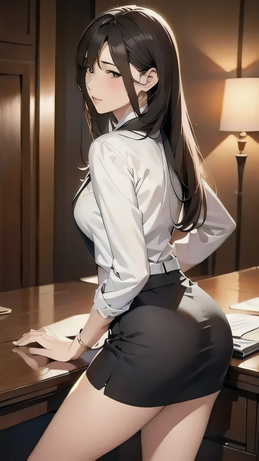 From the rear, 、 white skin、Long beautiful legs、 straight long hair on the head、 business suit、Put your hands on the desk and lean forward 、 short black tight skirt、(masterpiece,  top quality :1.2),blush、 Half Open Eyes 、