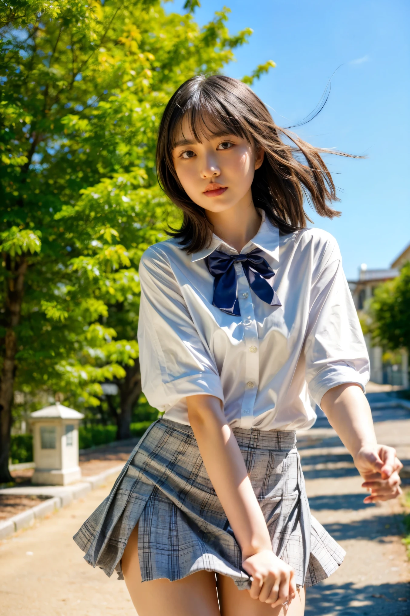 (realistic, photo-realistic, masterpiece, best quality), 8k, RAW photo, high resolution photograph, intricate details, extremely detailed, sharp focus, cinematic lighting, portrait, solo, 1girl, a young Japanese female idol, pale skin, (detailed face, detailed eyes, sophisticated nose), (white blouse, plaid skirt, school uniform), (skirt tug, clothes tug, wind, wind lift:1.5), photo background, outdoors, blue sky and clouds, nature,