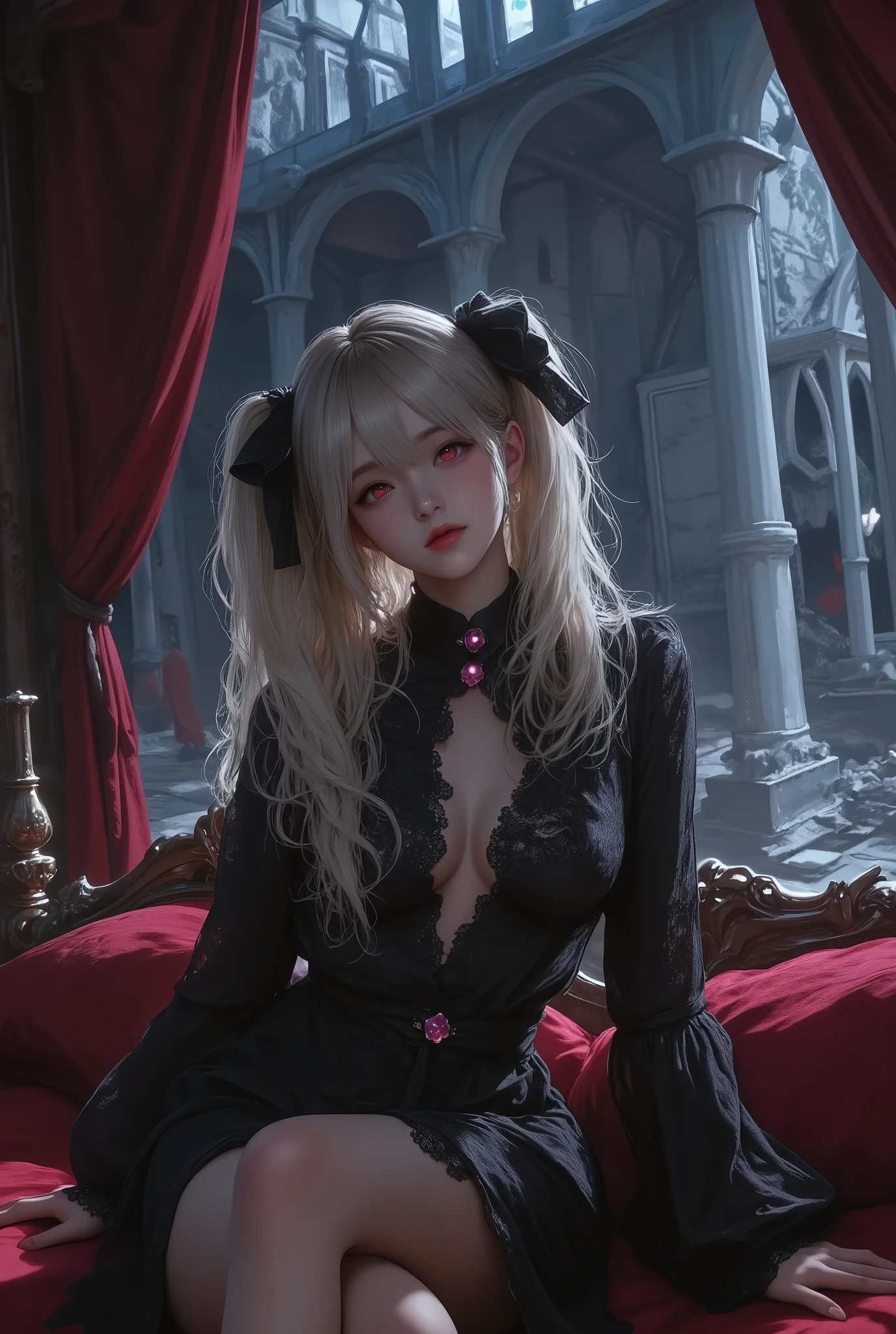 ground shot,A girl dressed in **Jiraikei** fashion sits atop a grand,trk. medieval bed in a dimly lit, ominous castle. Her legs are crossed confidently, and she wears a dark lace dress adorned with pastel pink accents. Her blonde twin tails tied with black ribbons gently fall over her shoulders as she looks down at the viewer with a smug, superior expression, her red eyes glowing in the gloom. The bed is ornately carved from dark wood, with velvet drapes framing it. The stone walls of the castle are adorned with faded tapestries, and the distant sound of thunder echoes through the grand hall. Shadows twist and dance across the room, giving an overwhelming sense of dread. This **full body, wide shot** captures the full scene of her relaxed posture against the backdrop of a decaying yet majestic medieval setting. **Jiraikei, full body, wide shot, dark medieval castle, foreboding atmosphere, crossed legs**.