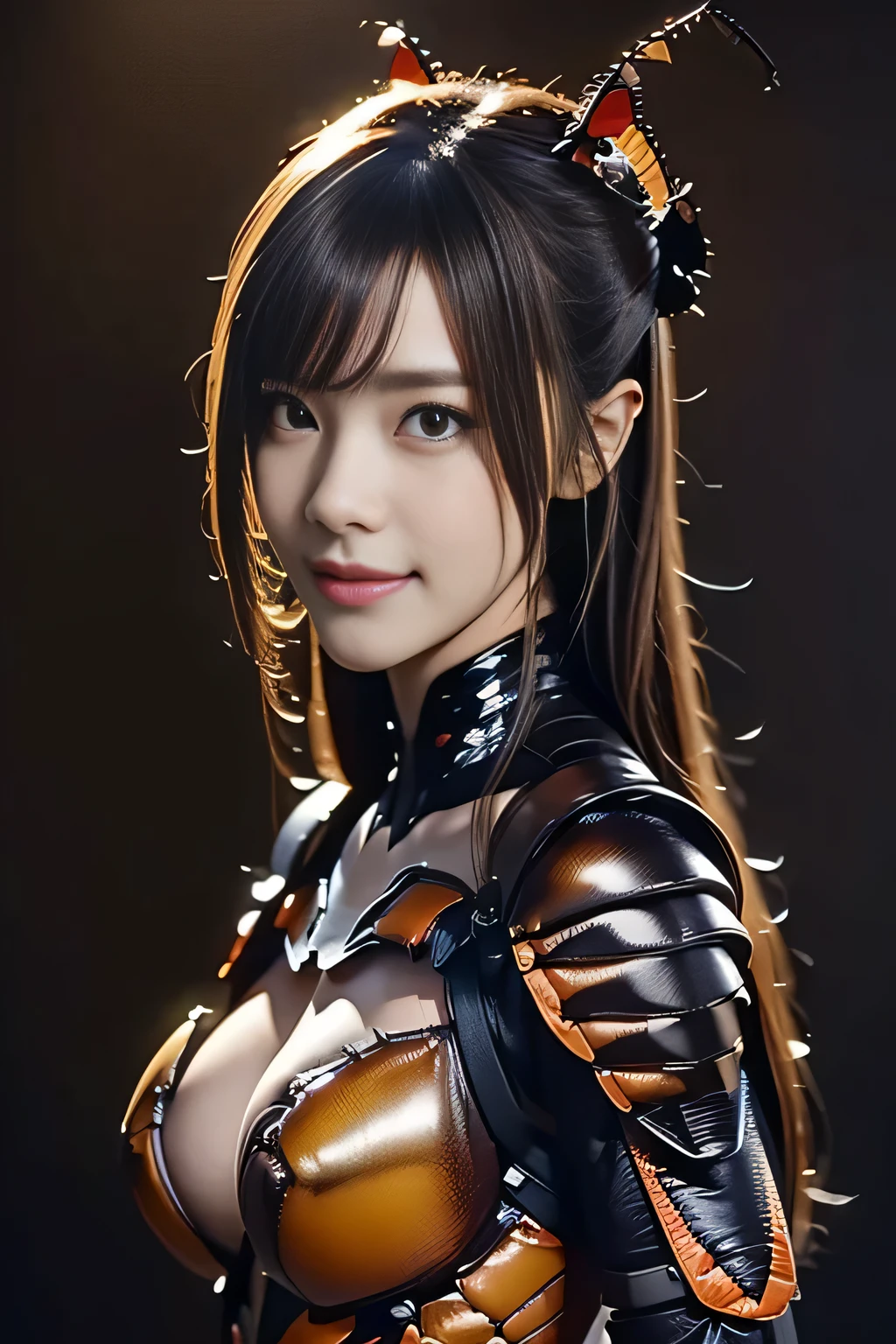 (high resolution,masterpiece,best quality,extremely detailed CG, anime, official art:1.4), realistic, photo, amazing fine details, all intricate, gloss and shiny,awesome many layers, 8k wall paper, 3d, sketch, kawaii, illustration,( solo:1.4), perfect female proportion,villainess, (fusion of dark brown cockroach and lady:1.4), (brown cockroach form lady:1.2), (brown cockroach lady:1.2), (fusion:1.2), (solo:1.4), (evil smile:1.2), muscular, abs, (cockroach brown exoskeleton bio insect suit:1.4), (cockroach brown exoskeleton bio insect armor:1.2), (brown transparency cockroach wing:1.4), (brown cockroach antennae:1.3),