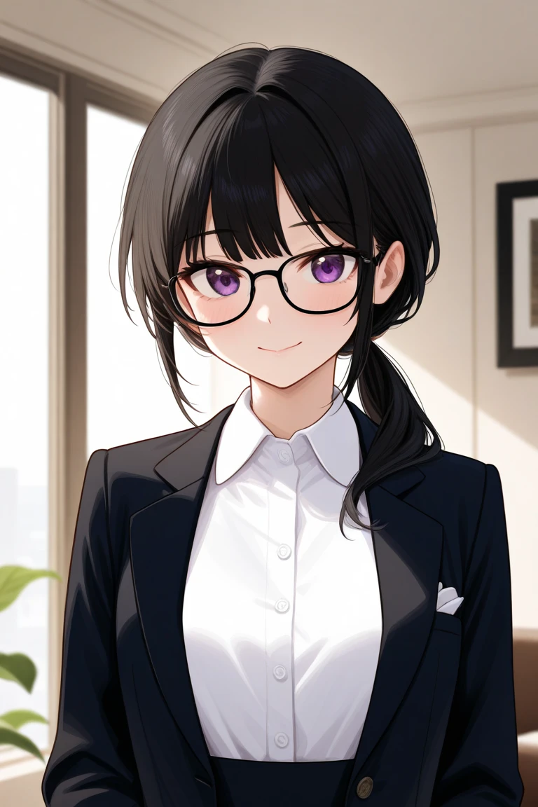  troubled face,A young woman with glossy black hair styled in a loose, low ponytail. She has a gentle and approachable expression, wearing black-rimmed glasses. Her outfit consists of a sleek blazer and a neatly buttoned blouse, exuding a professional secretary look. The setting is a modern and elegant CEO's office, with large windows, minimalistic furniture, and soft natural lighting. The overall color palette is warm and sophisticated, highlighting her professionalism and approachable nature."