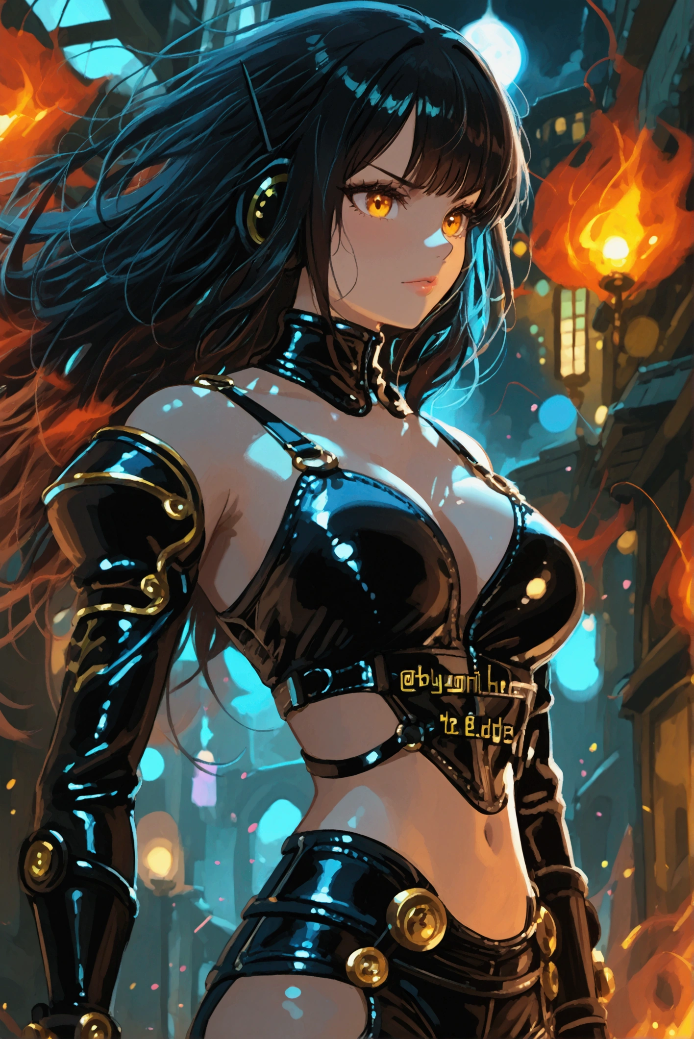 A powerful, seductive character with flowing black hair interspersed with strands of blue, styled loosely around her shoulders. She wears a provocative combat outfit featuring leather, metal accents, and intricate details like straps and buckles. The outfit is both functional and stylish, emphasizing her confident, dangerous aura. Her high heels add to her powerful presence, and she stands in a dynamic, ready-for-combat pose. Her expression is intense, exuding mystery and authority. The overall atmosphere is dark and dramatic, with moody lighting enhancing her commanding presence