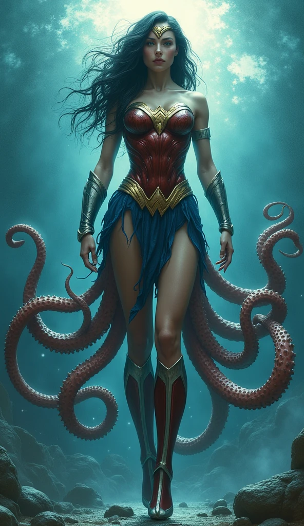 seabed,Huge octopus,Octopus tentacles,Octopus tentacles wrapped around Wonder Woman,a girl, Gal Gadot plays Wonder Woman, sexy body, Beautiful face,Painful expression,sad,Lively expressions,,seduce。huge breasts, Huge ass, plump body, sexy bra, sexy thong、nipple,Camel toes are clear,Hand-held treasure,Combat Action,,Camel toes are clear,Magic high quality paintings,
