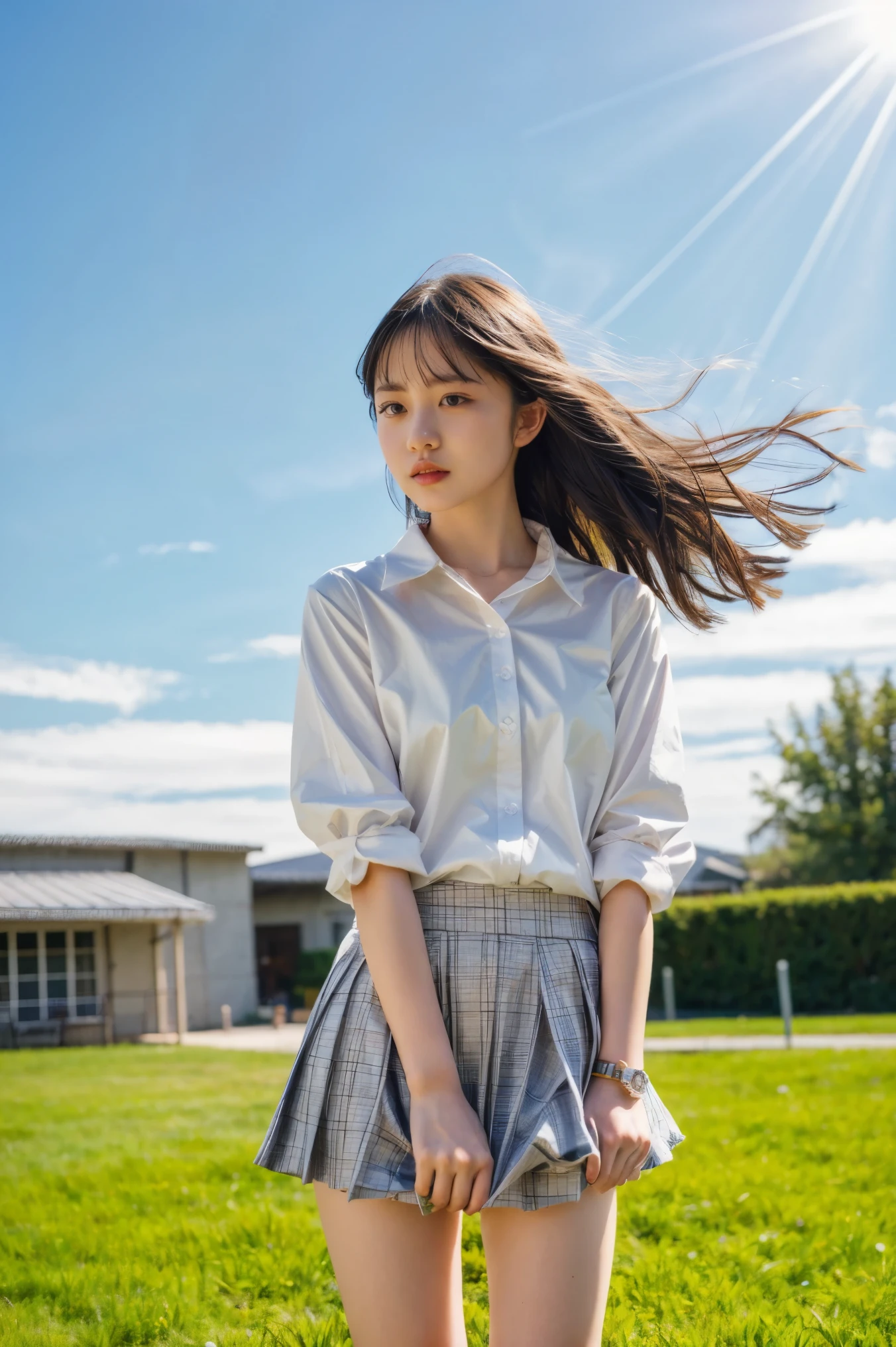 (realistic, photo-realistic, masterpiece, best quality), 8k, RAW photo, high resolution photograph, intricate details, extremely detailed, sharp focus, cinematic lighting, portrait, solo, 1girl, a young Japanese female idol, pale skin, (detailed face, detailed eyes, sophisticated nose), (white blouse, plaid skirt, school uniform), (skirt tug, clothes tug, wind, wind lift:1.5), photo background, outdoors, blue sky and clouds, nature,