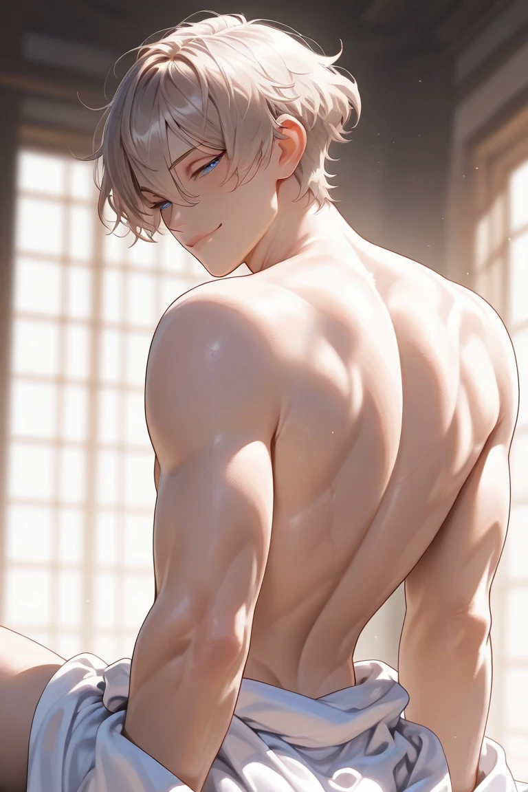 master piece, best quality, ultra detailed, highres, {{{{1boy}}}}, extremely delicate and beautiful boy, extremely delicate and beautiful, from behind, upper body, male focus, sitting on object, looking back, extremely detailed body, neat figure, slender, toned male, {{{{{mature male}}}}}, very short hair, Air bangs, long bangs between eyes, {{{{light brown hair}}}}, {{{{fluffy hair}}}}, {{{wavy hair}}}, super fucking beautiful, seductive smile, half-closed eyes, {{complex details beautiful and delicate eyes}}, long eyelashes, closed mouth, lips, {{{{{flat chest best quality}}}}}, beautiful detailed blue eyes, detailed skin, naked robe, white robe, robe around waist, art_room,