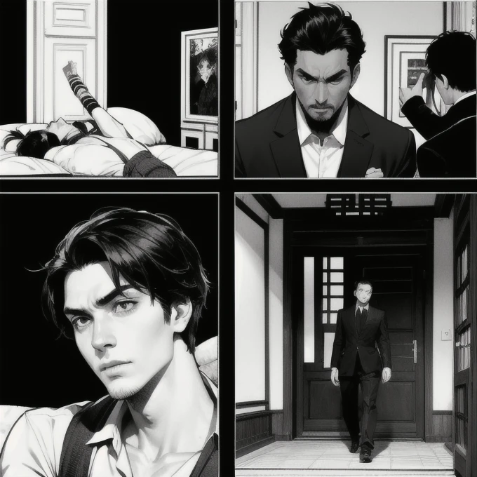 black with black and white comic ,4 scene photos 、The final frame is Chinese style