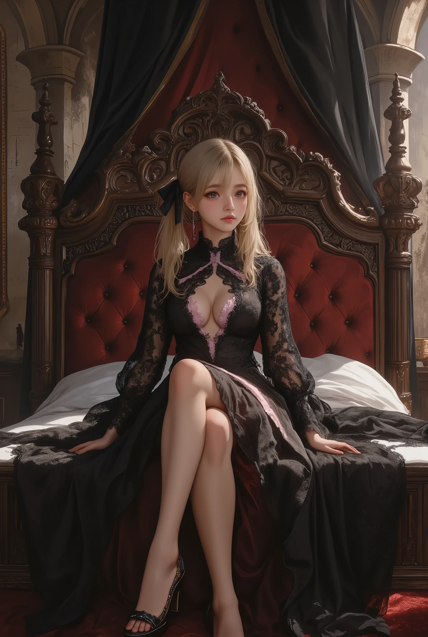 ground shot,A girl dressed in **Jiraikei** fashion sits atop a grand,trk. medieval bed in a dimly lit, ominous castle. Her legs are crossed confidently, and she wears a dark lace dress adorned with pastel pink accents. Her blonde twin tails tied with black ribbons gently fall over her shoulders as she looks down at the viewer with a smug, superior expression, The bed is ornately carved from dark wood, with velvet drapes framing it. The stone walls of the castle are adorned with faded tapestries, and the distant sound of thunder echoes through the grand hall. Shadows twist and dance across the room, giving an overwhelming sense of dread. This **full body, wide shot** captures the full scene of her relaxed posture against the backdrop of a decaying yet majestic medieval setting. **Jiraikei, full body, wide shot, dark medieval castle, foreboding atmosphere, crossed legs**.