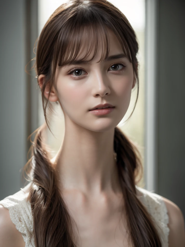 A photogenic woman with a highly detailed, beautiful face, neat straight bangs arranged horizontally, delicate facial features, porcelain skin, serene expression, dramatic lighting, cinematic composition, 8K, hyper-realistic, cinematic, dramatic lighting, chiaroscuro, oil painting, award-winning digital art