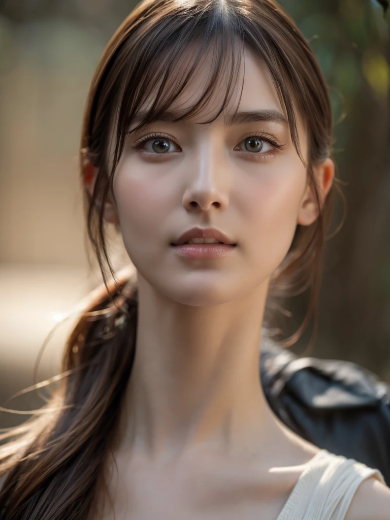 A photogenic woman with a highly detailed, beautiful face, neat straight bangs arranged horizontally, delicate facial features, porcelain skin, serene expression, dramatic lighting, cinematic composition, 8K, hyper-realistic, cinematic, dramatic lighting, chiaroscuro, oil painting, award-winning digital art