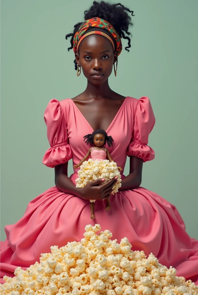 aerial point of view shot of a Black woman dressed in pink dress and floating above pink rose garden, blowing 3d bubbles through a tube straight at the camera, vibrant and beautiful colours, 32k, ultra HD, unreal engine rendered, cinematic lighting,