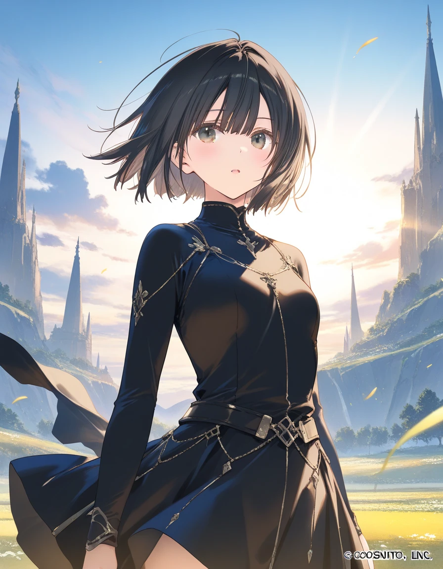 1girl,  little female, black hair, short hair, bob cut, small breasts, beautiful detailed eyes,open mouth,expressionless, outdoors,wind,fantasy, game CG, break,(artist:mitsumi_misato),artist:fujiyama,artist:kokonoka, (artist:amazuyu_tatsuki:0.5),(artist:tsunako:0.3),(artist:fuzichoco:0.3),break,(masterpiece), (best quality), (ultra-detailed),(Detailed Lighting), very aesthetic, newest, beauty illustration,super detailed skin, (masterpiece), (best quality), (ultra-detailed), very aesthetic lighting,newest ,hi res,absurd_res,shiny skin,2023, shaded,digital media (artwork), realistic lighting, 16k, 8k,highres, source_anime, official_art, photoshop_(medium)