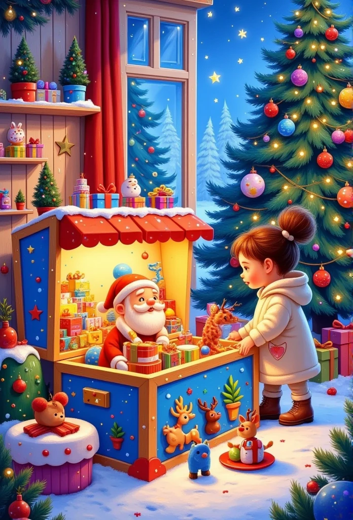 At night, there is a toy box on the table of the children's room, where you can see a beautiful Christmas tree, Santa Claus doll, reindeer doll, doll,rabbit doll,small animal toys, etc.The toy box is decorated with colorful lights.There are various beautiful stickers pasted on the toy box. The toy box is illuminated by warm lights, creating a contrast of warmth and coldness with the snow scenery outside the window.Close up of toy box.one hand seems to open the box.A girl is back to the viewer.