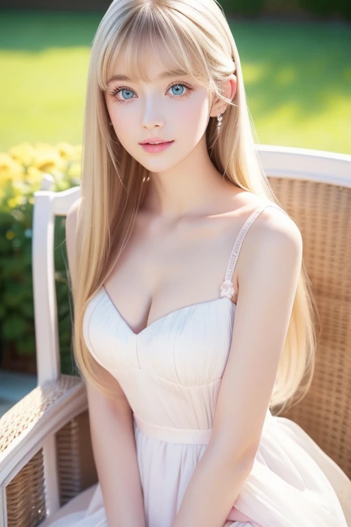 Very white、 very beautiful in a chair 、Beautiful girls of the world、 very beautiful in a chair きれいな顔をした女の子、beautiful beautiful blonde hair、 Half body shot of an extraordinary beautiful girl 、Eye-blocking bangs 、Beautiful long bangs、Beautiful bangs between the eyes、 striped hair、Round face、 very bright very bright pale mint green eyes、 super long straight silky hair 、 very beautiful bright very bright iris 、 big eyes、Pure white and beautiful skin、 the luster of young cheeks 、 pink dress、The beauty of a small face、Round face、 Big Breasts 