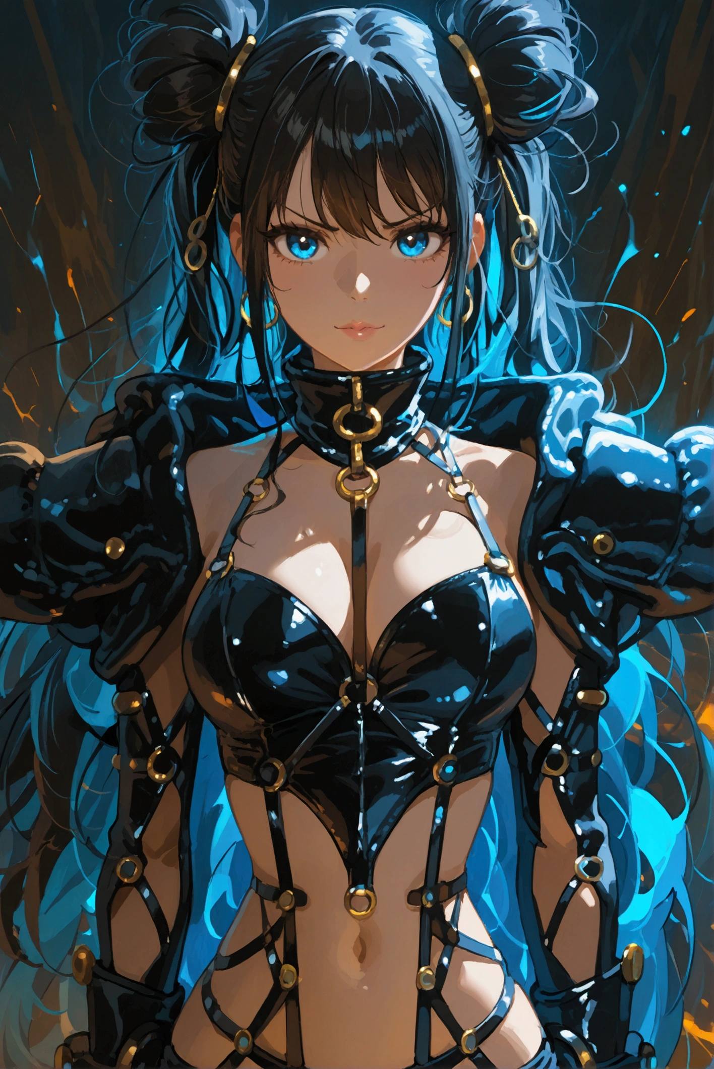 A powerful, seductive character with flowing black hair interspersed with strands of blue, styled loosely around her shoulders. She wears a provocative outfit featuring leather, metal accents, and intricate details like straps and buckles. The outfit is both functional and stylish, emphasizing her confident, dangerous aura. Her high heels add to her powerful presence, and she stands in a dynamic, ready-for-combat pose. Her expression is intense, exuding mystery and authority. The overall atmosphere is dark and dramatic, with moody lighting enhancing her commanding presence