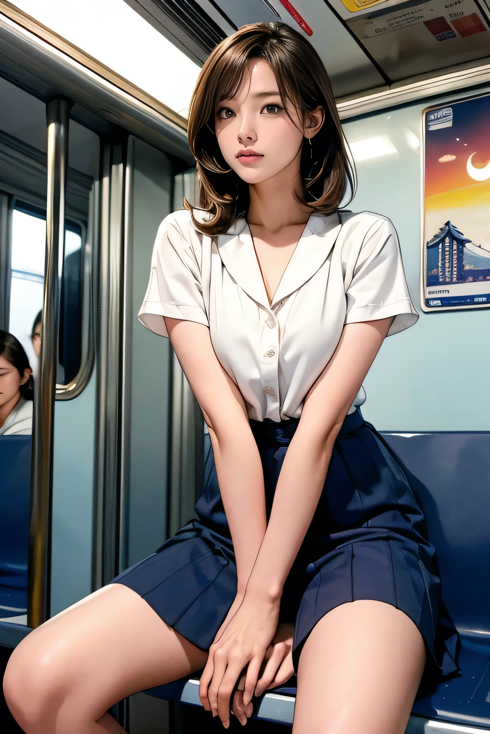 (((Super cute extreme exhibitionist schoolgirl on a crowded train)))..((Wearing bow tie and white swooping open shirt(off shoulders)): 1.5.)) 40k, Photography, masutepiece, Best Quality, dark grey background, ((1 Gorgeous bright-haired girl with beautiful eyes, She wears glasses on her beautiful face, )). White skin, (A hyper-realistic)、(illustratio)、(hight resolution)、(8K)、(ighly detailed)、(Best Illustration)、(beautifully detailed eyes)、(top-quality)、(ultra-detailliert)、(masterpiece)、(wall-paper)、(A detailed face)、独奏、1 girl in、looking at viewert、fine detailed、A detailed face、in the darkness nigth、deep-shadows、lowkey、pureerosfaceace_v1、 (((skirt by the, No panties))),Tration: 1.1), (Best Shadow: 1.1), tongue、Vaginal orchids、Runny Vaginal Discharge、Blowing tide、Very beautiful breasts、 (Slim legs)、(posterior view)((Reach behind your back))((stick out buttocks))(Realistic skin), Attractive, 超A high resolution, A hyper-realistic, Highly detailed, (yawning), (((exhibitionism))), ((she is soaking wet)).Lower body slender(A hyper-realistic)、