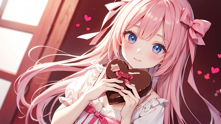  Valentine　 wrapped girl holding chocolate　ribbon　チョコを咥えている