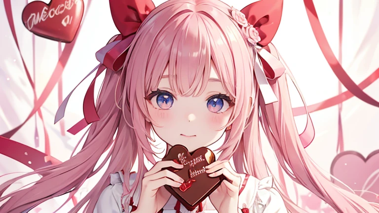  Valentine　 wrapped girl holding chocolate　ribbon　チョコを咥えている