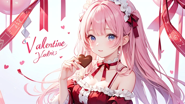  Valentine　 wrapped girl holding chocolate　ribbon　チョコを咥えている