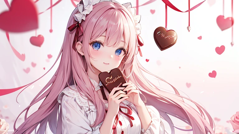  Valentine　 wrapped girl holding chocolate　ribbon　チョコを咥えている