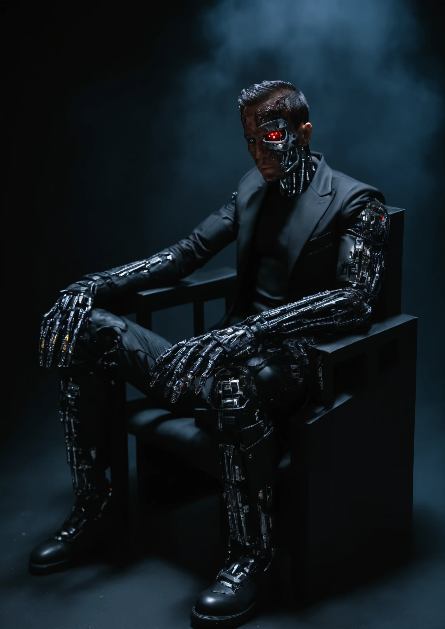 humanoid robot, (real human black suit), fierce and cold face, ((gun)), 1man, is a damaged terminator with half the face damaged, (being trapped in a neon simple outlined cage in the foreground), sitting on a throne, dark background, intricate circuits, close-up:0.5, strong backlight, portrait, photorealistic