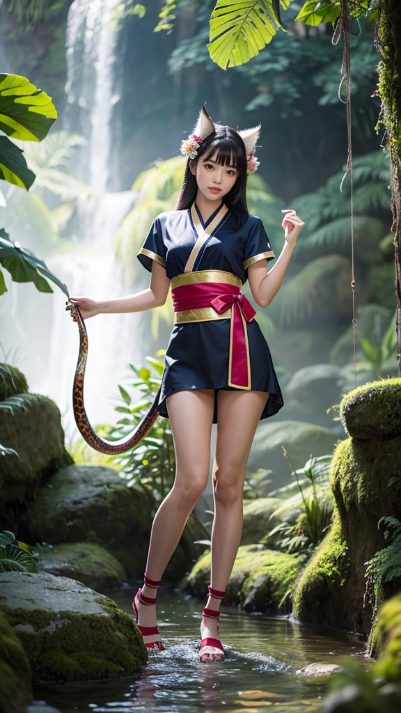 indigenous girl -HD photo - sexy photo -indigenous warrior- full body photo- beautiful legs- forest- high detailed- perfect face- straight black hair- straight bangs -snake- war paint- feather headdress- feathers- 18 years old- bow and arrow - horse