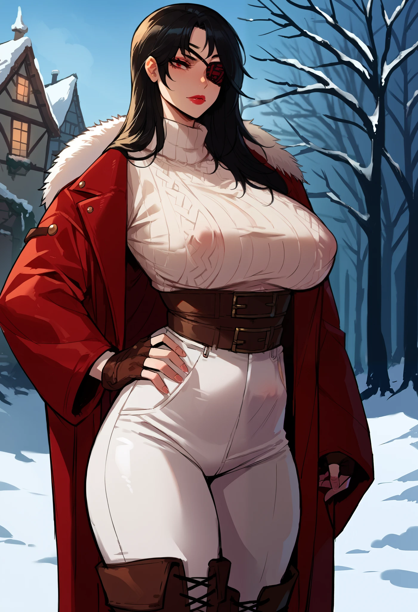 (score_9, score_8_up, score_7_up), close up, Dutch angle, 1female, solo, long hair, straight black hair, eyepatch, red eyes, toned, lipstick, white sweater, nipple bulge, Christmas coat, fingerless gloves, close up, white pants, knee high boots, wide hips, huge breasts, outdoors, snow, winter, medieval town, hand on hip, soft lighting, shadows, cinematic, source_anime, 