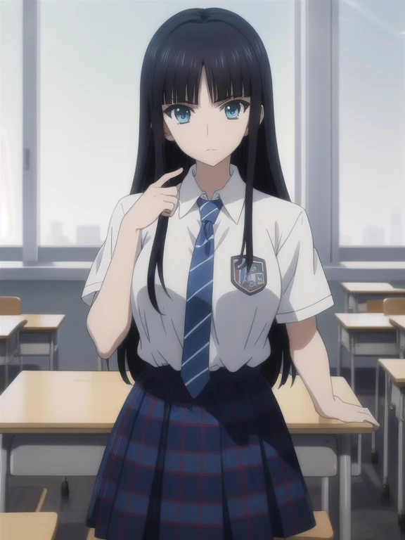 masterpiece, best quality, absurdres, Touma Kazusa long hair, (black hair, blue eyes), school uniform, blue necktie, shirt, plaid skirt, BREAK 
nice hands, perfect hands, (beaufitul hand, beautiful finger:1.15), School, classroom, school chair, school desk, (Deep Depth Of Field), (perfect anatomy), cowboy shot, [Cinematic lighting|Volumetric Lighting], looking at viewer