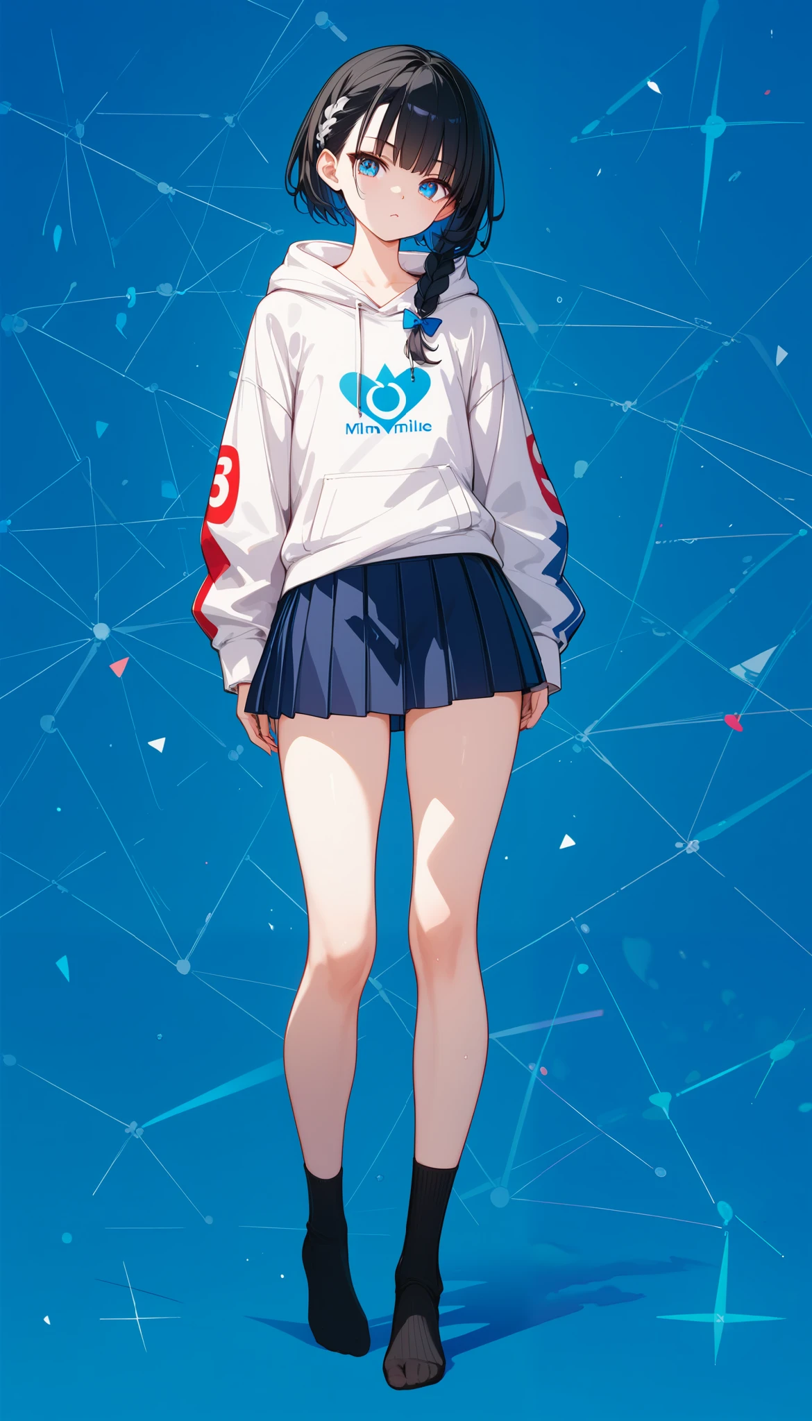 ULTRAMARINE BLUE BACKGROUND 、 MARBLE BACKGROUND 、 GIRL JUST STANDING , Only Girl、 FRONT FULL BODY SHOT , super high res, top quality 、☠ hoodie、 flat chest、 BEAUTIFUL DETAILS 、 black hair、 French braid :1.48、 black hair × blue eyes、 blue eyes、 serious expression、 💀mark'白い hoodie、 BLACK PLEATED SKIRT 、 A man with big, sexy legs 、 Black Knee Socks