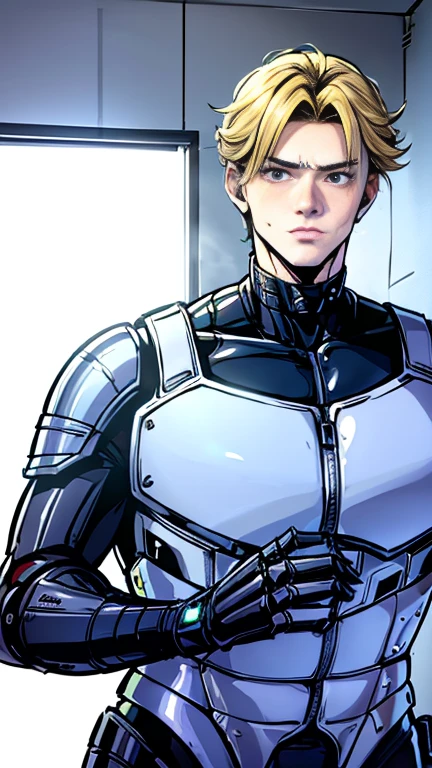 Backstreets,  attractive young Japanese in a shiny rider suit  ,   Robocop cosplay  , Looks weak, 18 years old, Weak,  is short,,    handsome Robocop is handsomely kissed ,  tall ,  and a flirty blond man  , Frightened RoboCop  