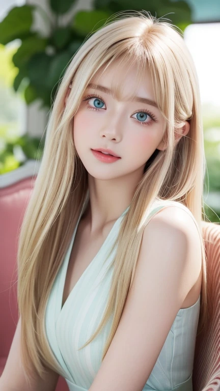 Very white、 very beautiful in a chair 、Beautiful girls of the world、 very beautiful in a chair きれいな顔をした女の子、beautiful beautiful blonde hair、 Half body shot of an extraordinary beautiful girl 、Eye-blocking bangs 、Beautiful long bangs、Beautiful bangs between the eyes、 striped hair、Round face、 very bright very bright pale mint green eyes、 super long straight silky hair 、 very beautiful bright very bright iris 、 big eyes、Pure white and beautiful skin、 the luster of young cheeks 、 pink dress、The beauty of a small face、Round face、 Big Breasts 