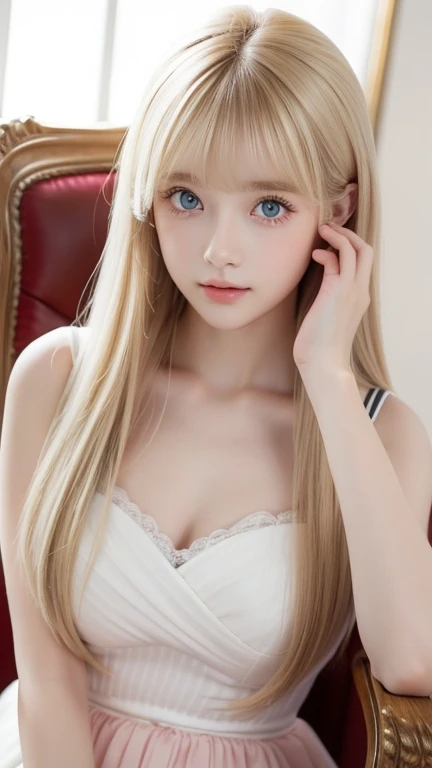 Very white、 very beautiful in a chair 、Beautiful girls of the world、 very beautiful in a chair きれいな顔をした女の子、beautiful beautiful blonde hair、 Half body shot of an extraordinary beautiful girl 、Eye-blocking bangs 、Beautiful long bangs、Beautiful bangs between the eyes、 striped hair、Round face、 very bright very bright pale mint green eyes、 super long straight silky hair 、 very beautiful bright very bright iris 、 big eyes、Pure white and beautiful skin、 the luster of young cheeks 、 pink dress、The beauty of a small face、Round face、 Big Breasts 